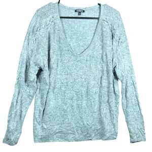 Express Womens Sweater Heathered Gray V Neck Criss Cross Shoulders Stretch M
